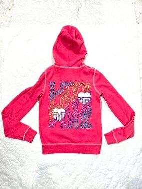 *:･ﾟ★💗 y2k Victoria Secret Pink Glitter Bomb Love Rainbow Sparkly Jacket Hoodie